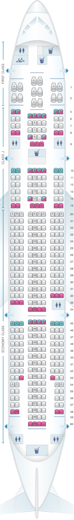 Seat map for Japan Airlines (JAL) Boeing B777 200 W14/15