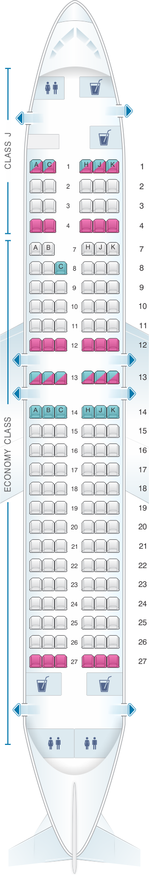 Seat map for Japan Airlines (JAL) Boeing B737 400 V51/55