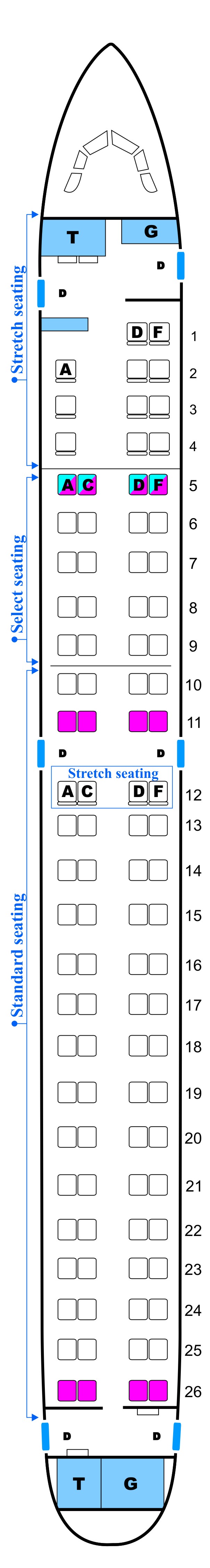Seat map for Midwest Airlines Embraer E190 Config. B