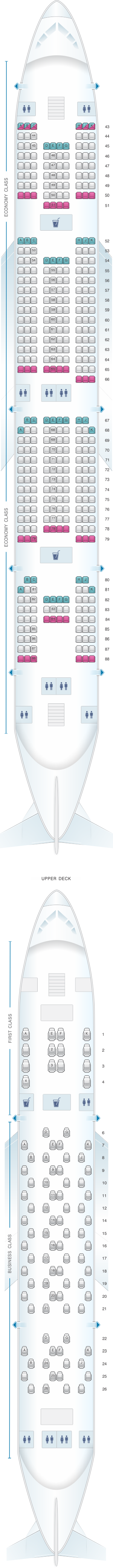 Seat map for Emirates Airbus A380 three class ultra-long-range