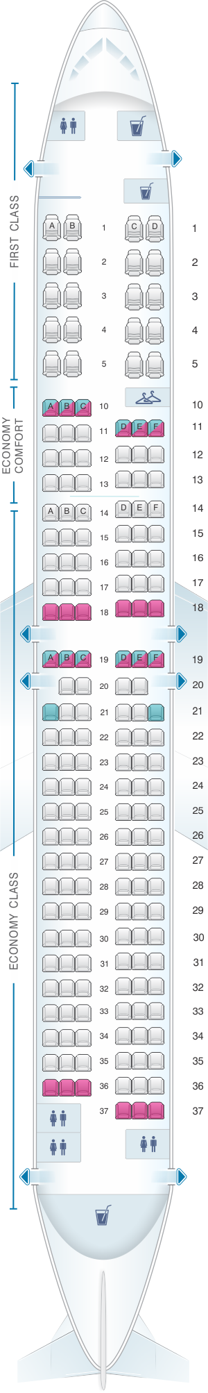 Seat map for Delta Air Lines Boeing B737 900ER (739)