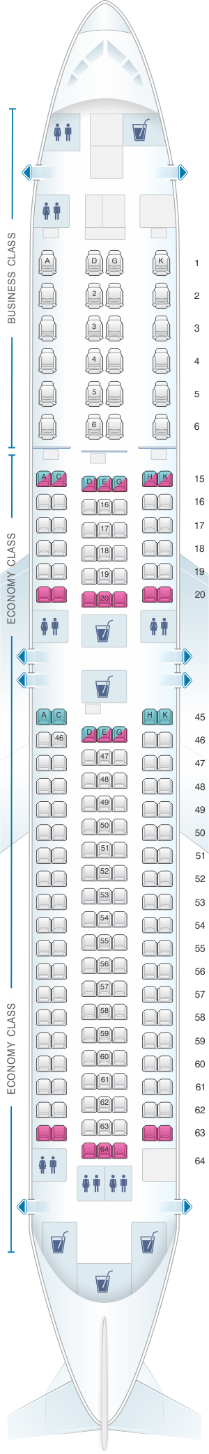 Seat map for Japan Airlines (JAL) Boeing B767 300ER A44