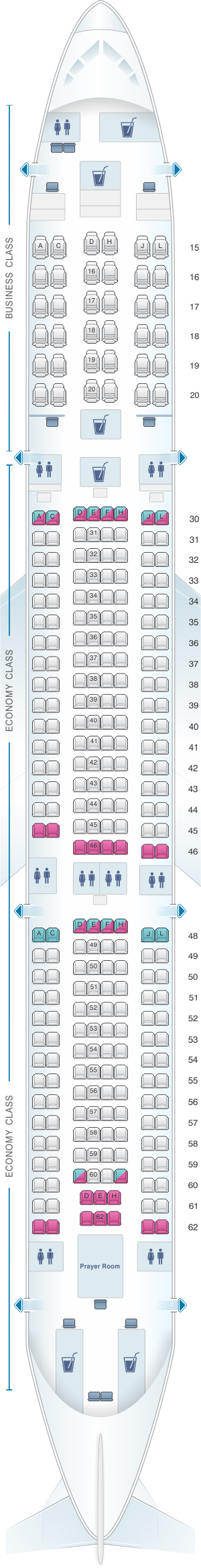 Seat map for Saudi Arabian Airlines Airbus A330 300 (33D)