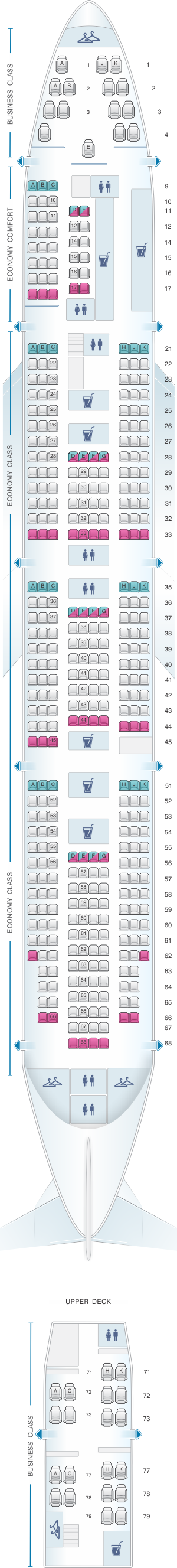 Seat map for KLM Boeing B747 400 New World Business Class