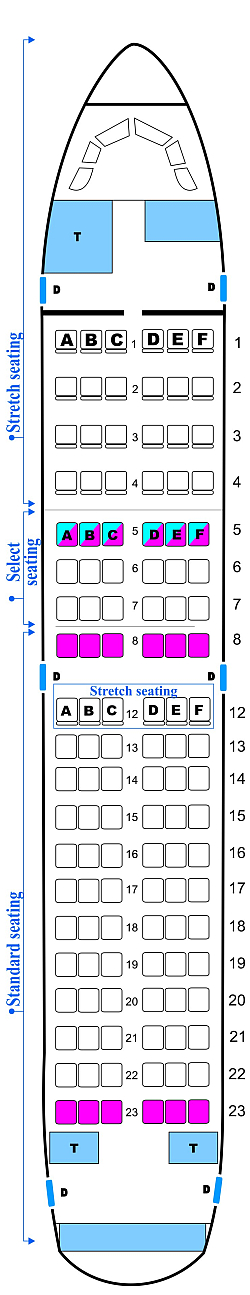 Seat map for Midwest Airlines Airbus A318