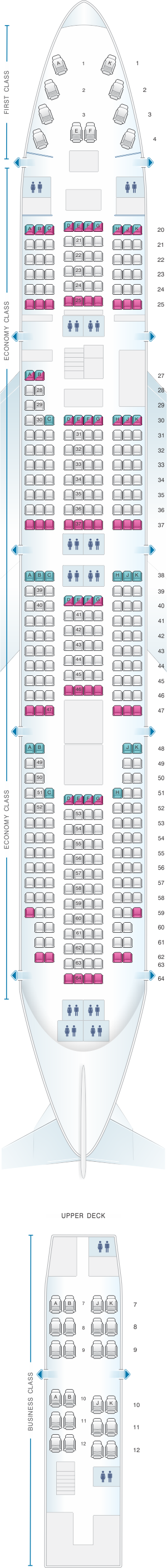 Seat map for Asiana Airlines Boeing B747 400 398PAX