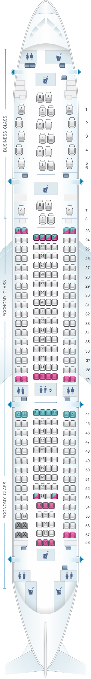 Seat map for Qantas Airways Airbus A330 200 Domestic 271PAX