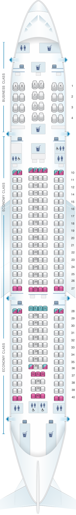 Seat map for Qatar Airways Airbus A330 200 260pax