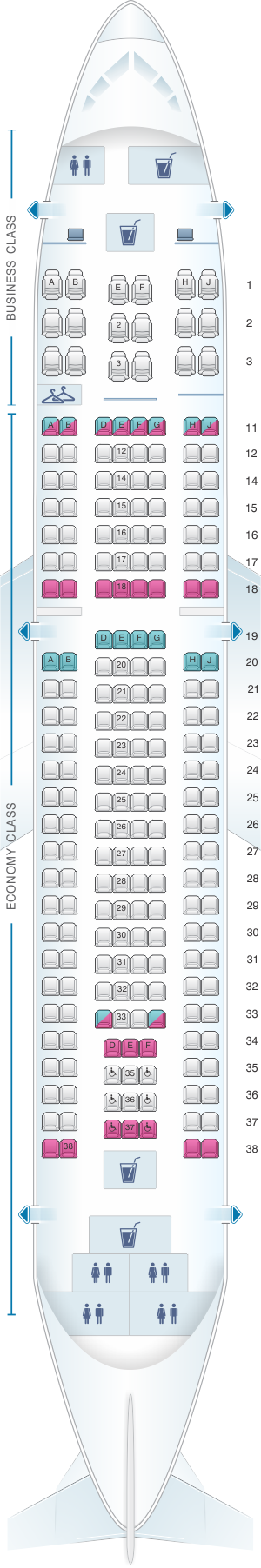 Seat map for SATA Air Açores Airbus A310-300 Config. 1