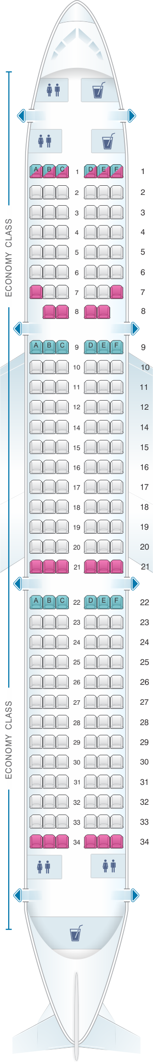 Seat map for Qatar Airways Airbus A321 200 196pax