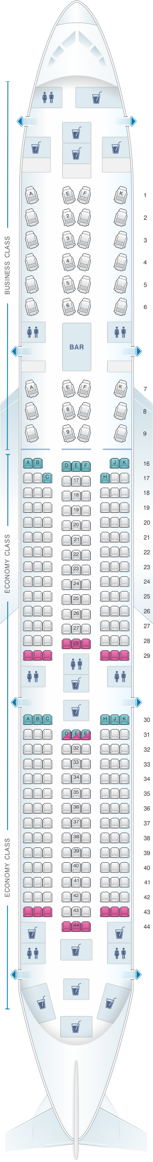 Plan de cabine Qatar Airways Airbus A350 900 283pax | SeatMaestro.fr