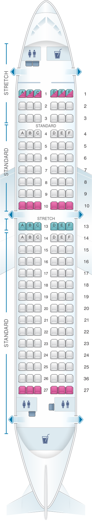 Seat map for Frontier Airlines Airbus A319 150pax