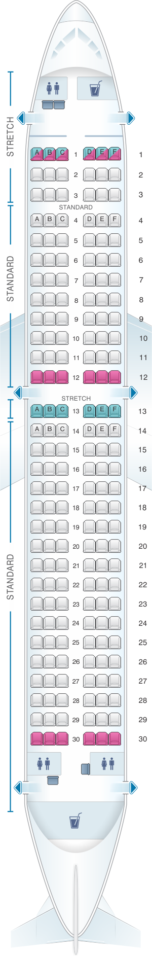 Seat map for Frontier Airlines Airbus A320 180pax
