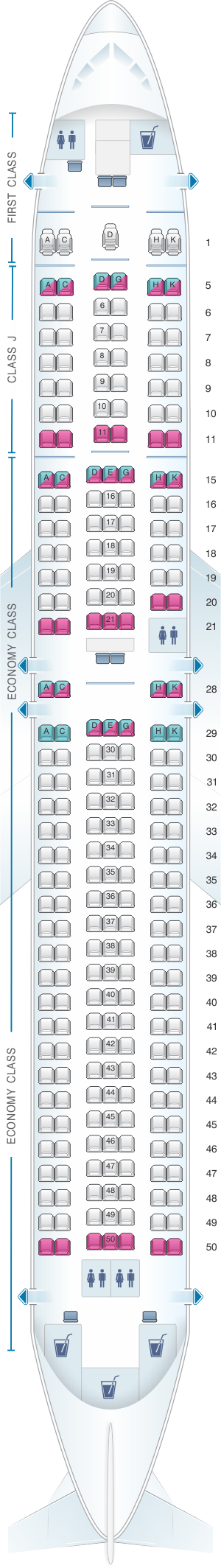 Seat map for Japan Airlines (JAL) Boeing B767 300ER A25