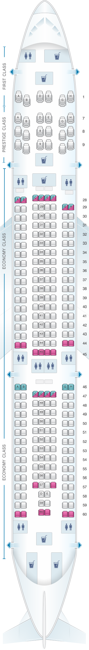 Seat map for Korean Air Airbus A330 300 272PAX