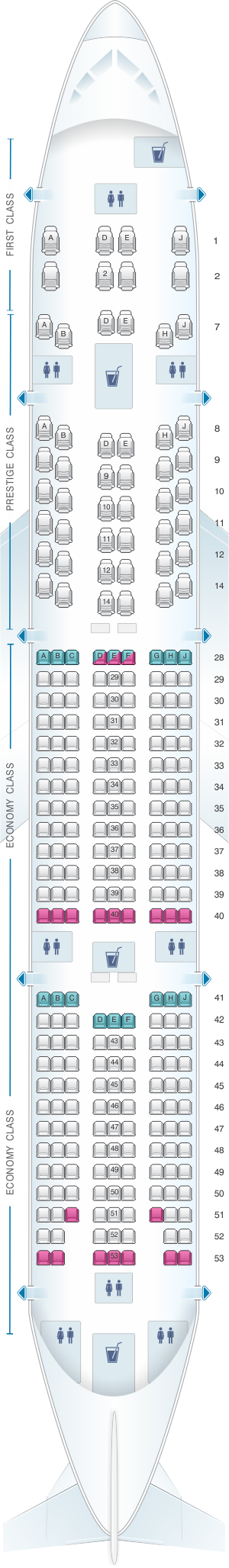 Seat map for Korean Air Boeing B777 300ER 277PAX