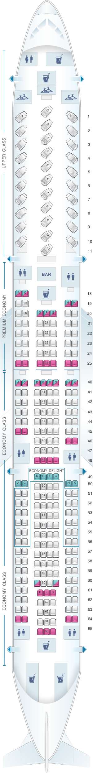 Seat map for Virgin Atlantic Airbus A330 300 re-fitted