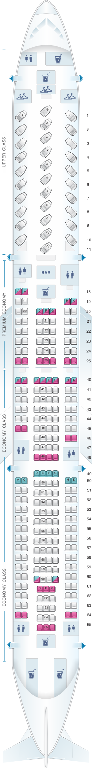 Seat map for Virgin Atlantic Airbus A330 300 re-fitted