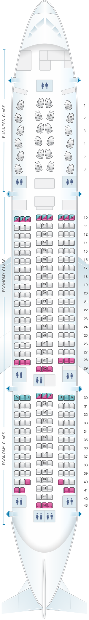 Seat map for Asiana Airlines Boeing B777 200ER 301PAX