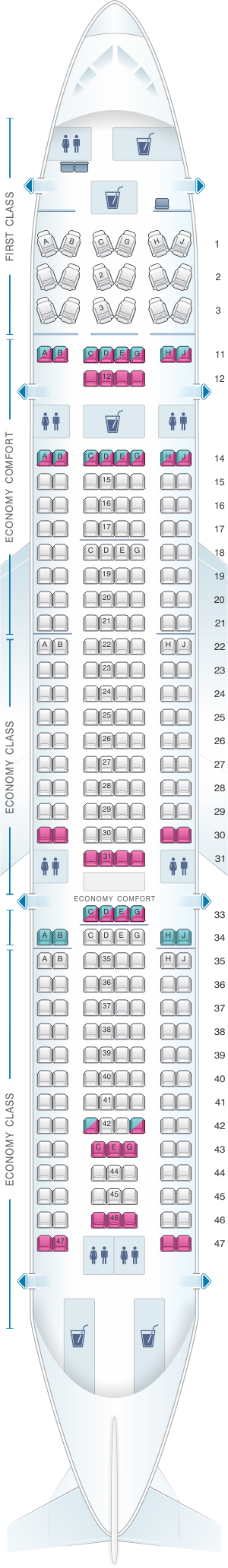 Seat map for Hawaiian Airlines Airbus A330 200 retrofitted