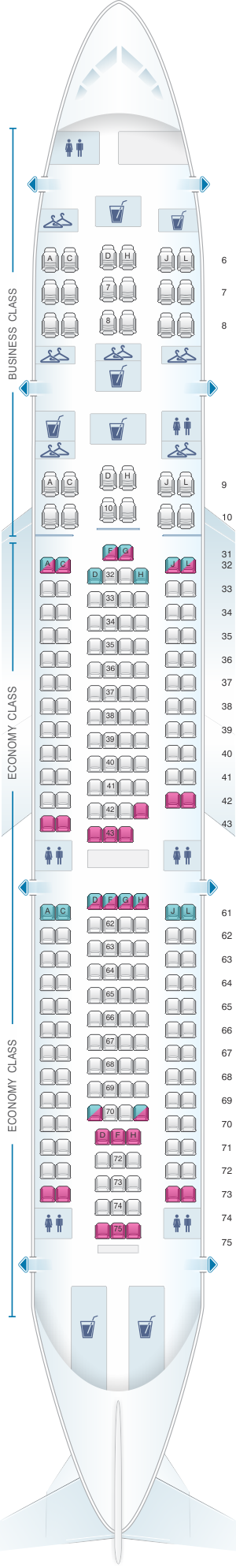 Seat map for China Eastern Airlines Airbus A330 200 232PAX V1