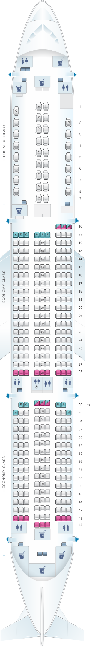 Seat map for Hainan Airlines Airbus A350 900 config.2