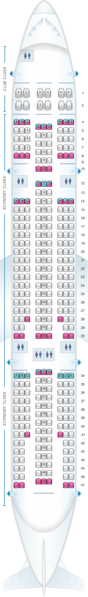 Seat map for Air Transat Airbus A330 200 low density