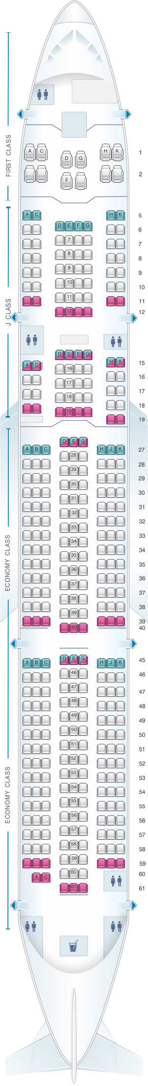 Seat map for Japan Airlines Airbus A350 900