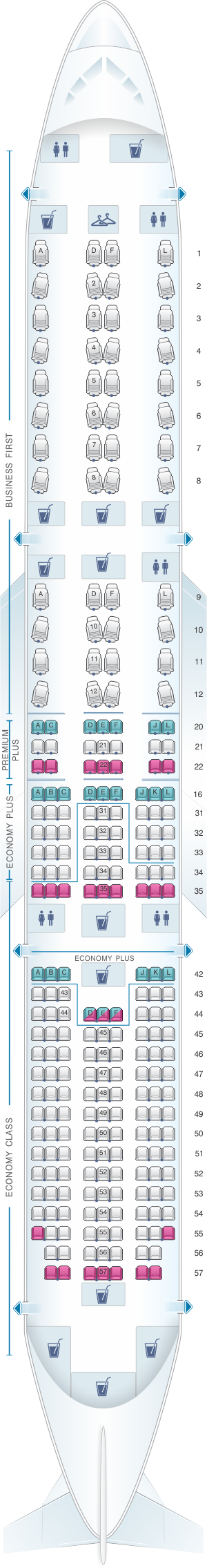 Seat map for United Airlines Boeing B787-9 Dreamliner version 2